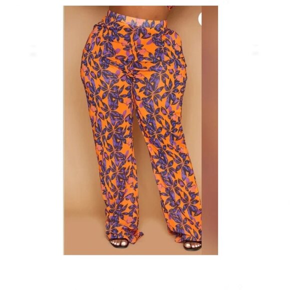 PrettyLittleThing NWT Plus Orange Print Beach Flares Size 24 Semi Sheer - Picture 2 of 4